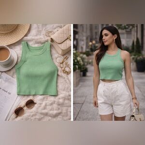 Aerie Ribbed Cropped Tank Top Green Size S